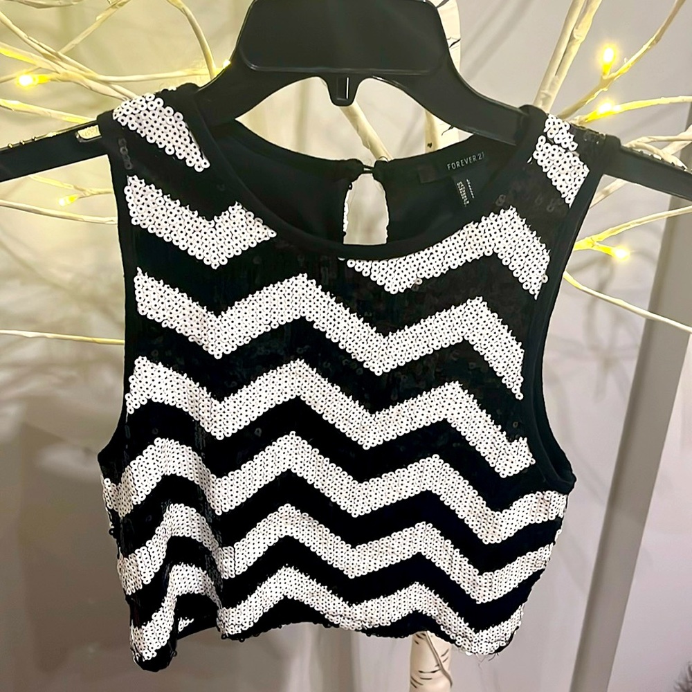 Forever 21 black and white sequined tank crop top